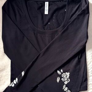 Athleta Black Long Sleeve Top with Silver Floral Design